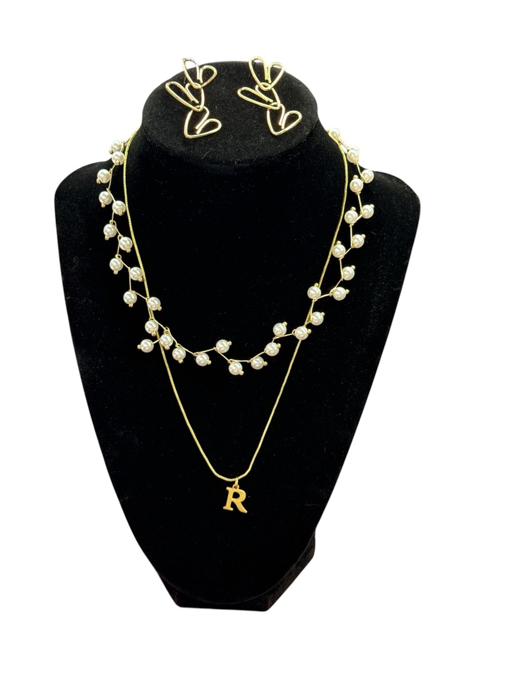 🌟BUNDLE🌟 Gold-Tone Pearl & 'R' Initial Necklaces with Heart earrings